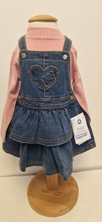 Mayoral Denim Pinafore Dress With Pink Soft Knit Jumper Girls Aged 12 Months