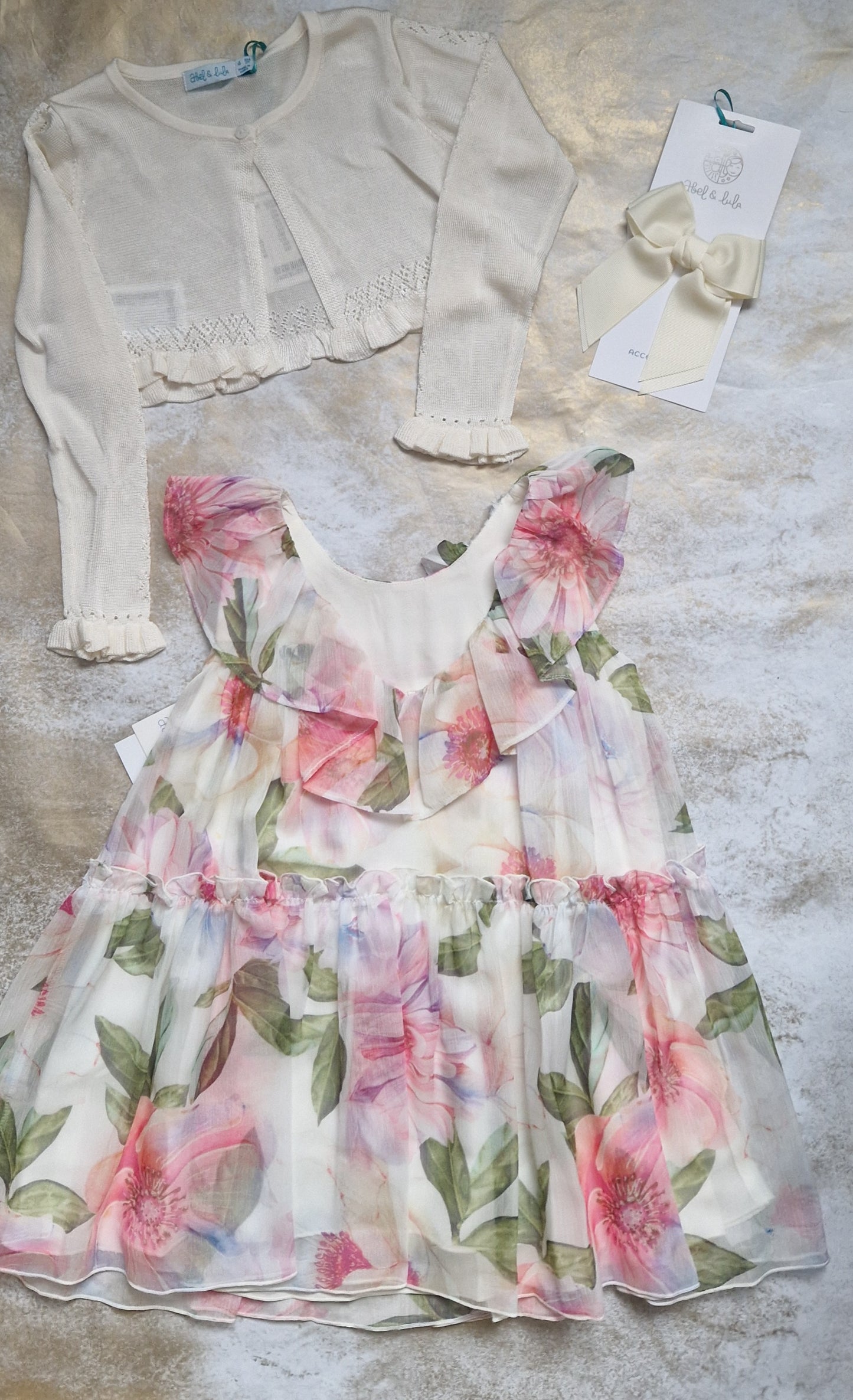 Abel & Lula Tulle Chiffon Dress, with Bolero Cardigan & Hair Slide Age 4