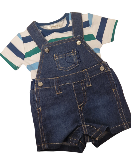 Mayoral Newborn Boys Dinosaur Motif Denim Dungaree Shorts  and T-Shirt Set