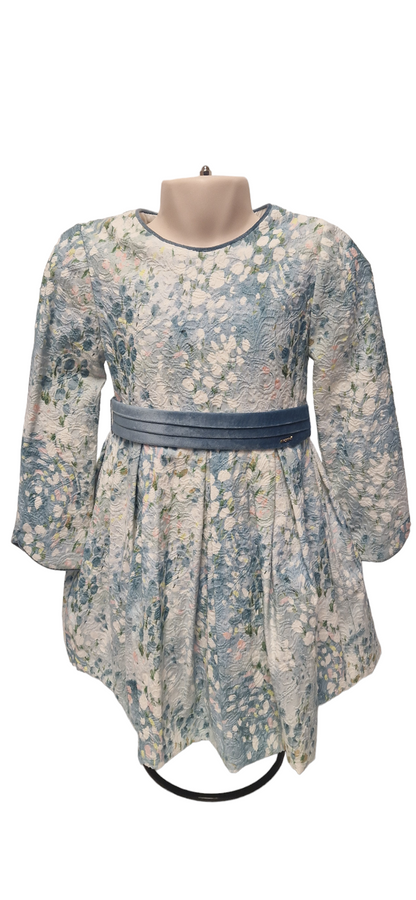 Mayoral Girls Age 4 Blue Floral Dress With Velour Belt