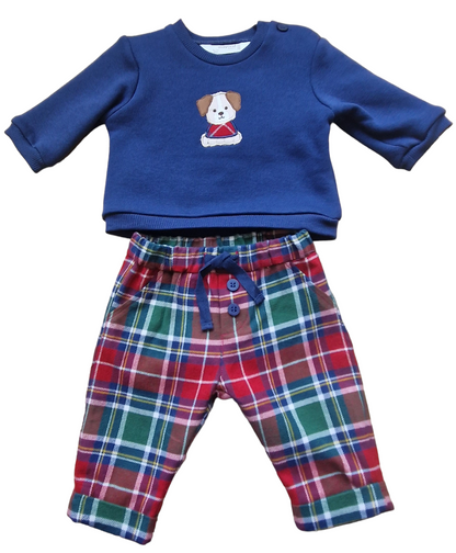 Mayoral Newborn Puppy Motif Jumper And Tartan Trouser Set