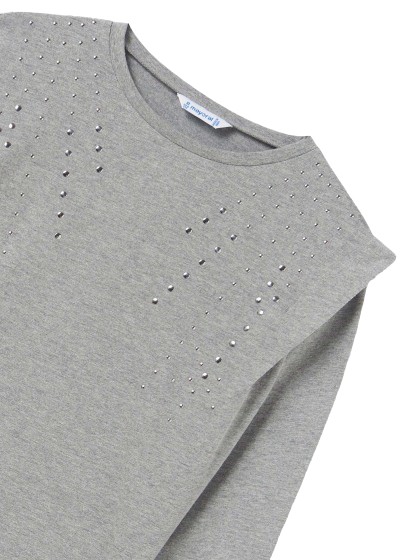 Mayoral Girls Age 8  Long-Sleeved Grey Stud Detail Cotton Top