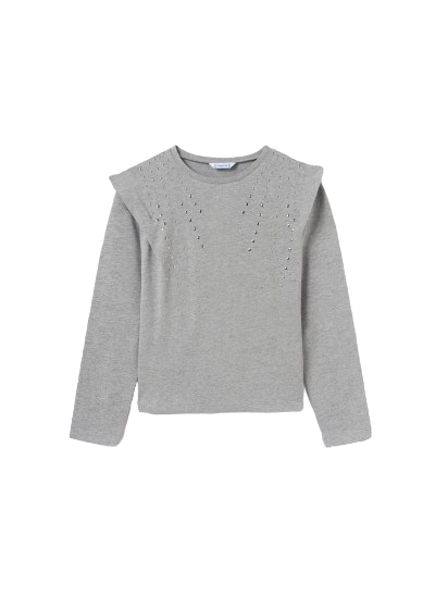 Mayoral Girls Age 8  Long-Sleeved Grey Stud Detail Cotton Top