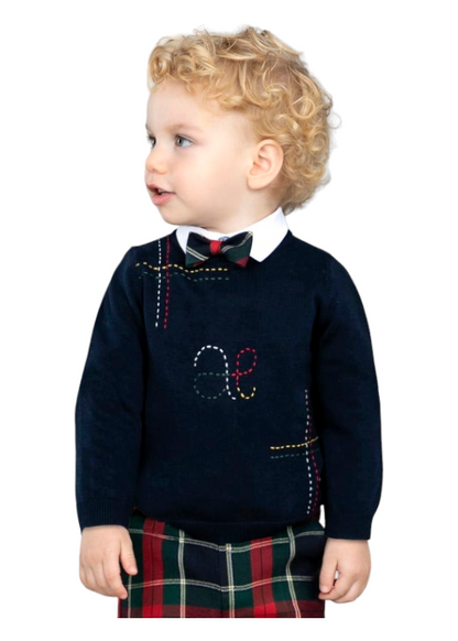 Navy Blue Stitch Pattern Knitted Cotton Jumper