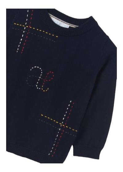 Navy Blue Stitch Pattern Knitted Cotton Jumper