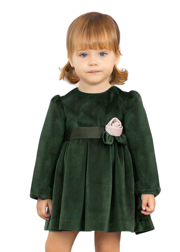 Abel & Lula Girls Velvet Dress With Floral Belt Age 12 Months