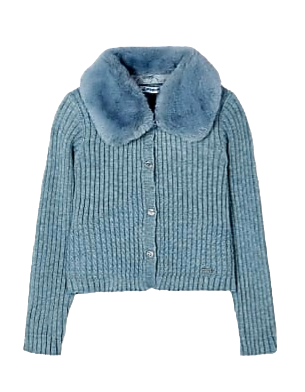 Mayoral Age 4 Girls Ribbed Knit, Fur Collar Cardigan