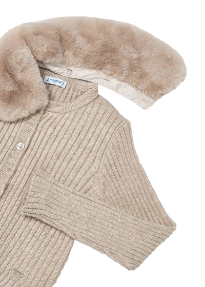 Mayoral Age 4 Girls Ribbed Knit, Fur Collar Cardigan