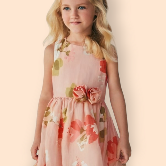 Mayoral Girls Age 4 Floral Printed Linen Dress with Floral Appliqué