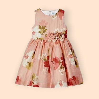 Mayoral Girls Age 4 Floral Printed Linen Dress with Floral Appliqué