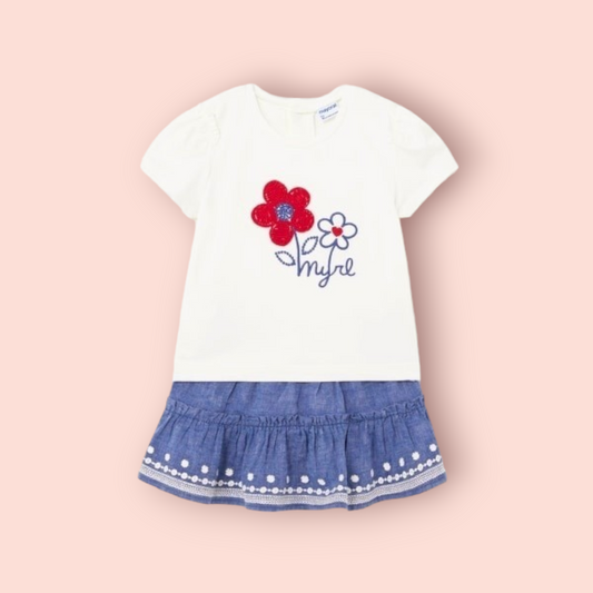 Mayoral Girls Age 12 Months Embroidered Top & Linen Skirt Set