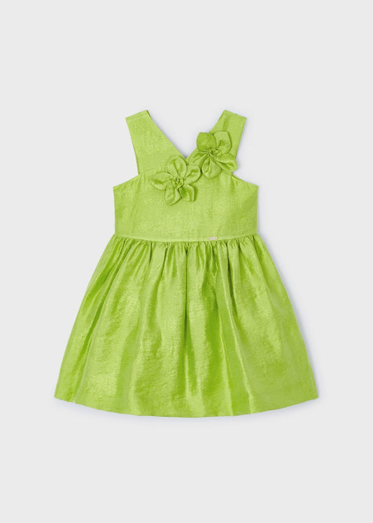 Mayoral Girls Age 4 Lime Green Linen Blend Floral Appliqué  Dress