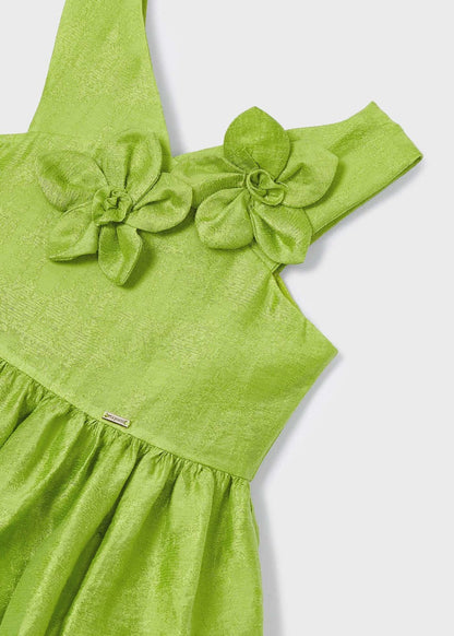 Mayoral Girls Age 4 Lime Green Linen Blend Floral Appliqué  Dress