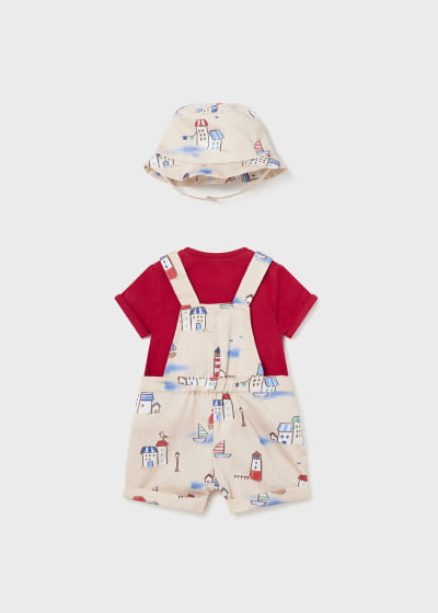 Mayoral Newborn Boys Dungaree Shorts and T Shirt & Hat Set 1638–80