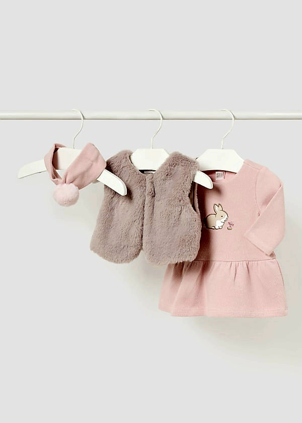 Mayoral Newborn 0-1 Month Girls Three-Piece Dress Set with Fur Gilet 2807 27