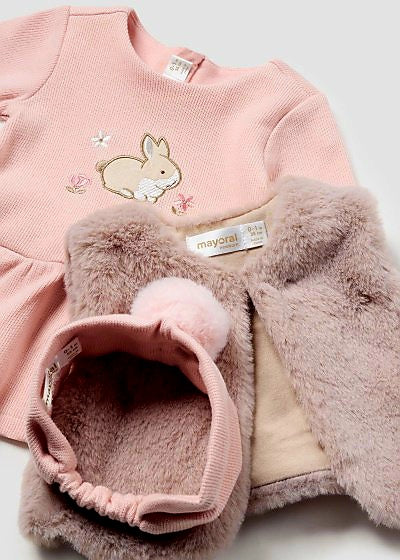 Mayoral Newborn 0-1 Month Girls Three-Piece Dress Set with Fur Gilet 2807 27