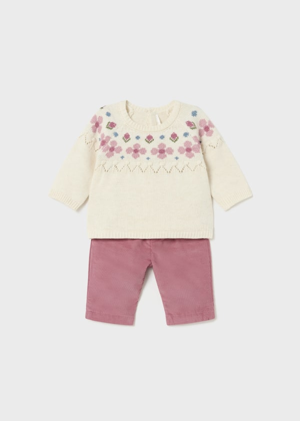 Mayoral Newborn Girls  Floral Knit Jumper & Cords Set 2519 2